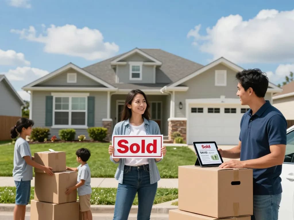 Sell my house fast for cash with a happy homeowner holding a Sold sign and a cash offer on an iPad.
