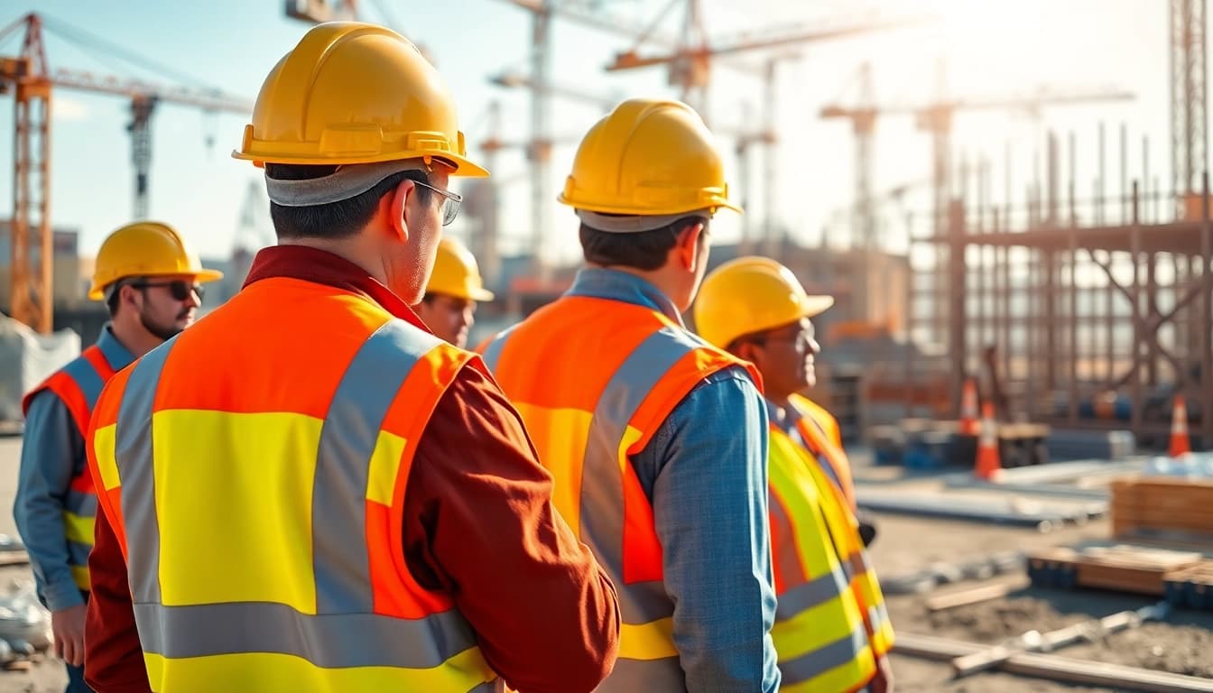 Workers implementing construction safety programs at a busy job site.