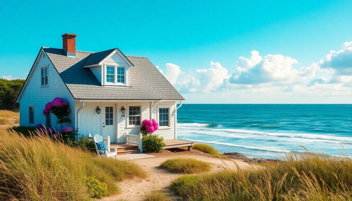 Renovated cape cod home with coastal charm amidst serene beach scenery.