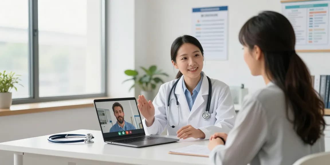 Illustration of telehealth insurance plans showing a healthcare provider on a video call, enhancing patient care in a modern clinic.