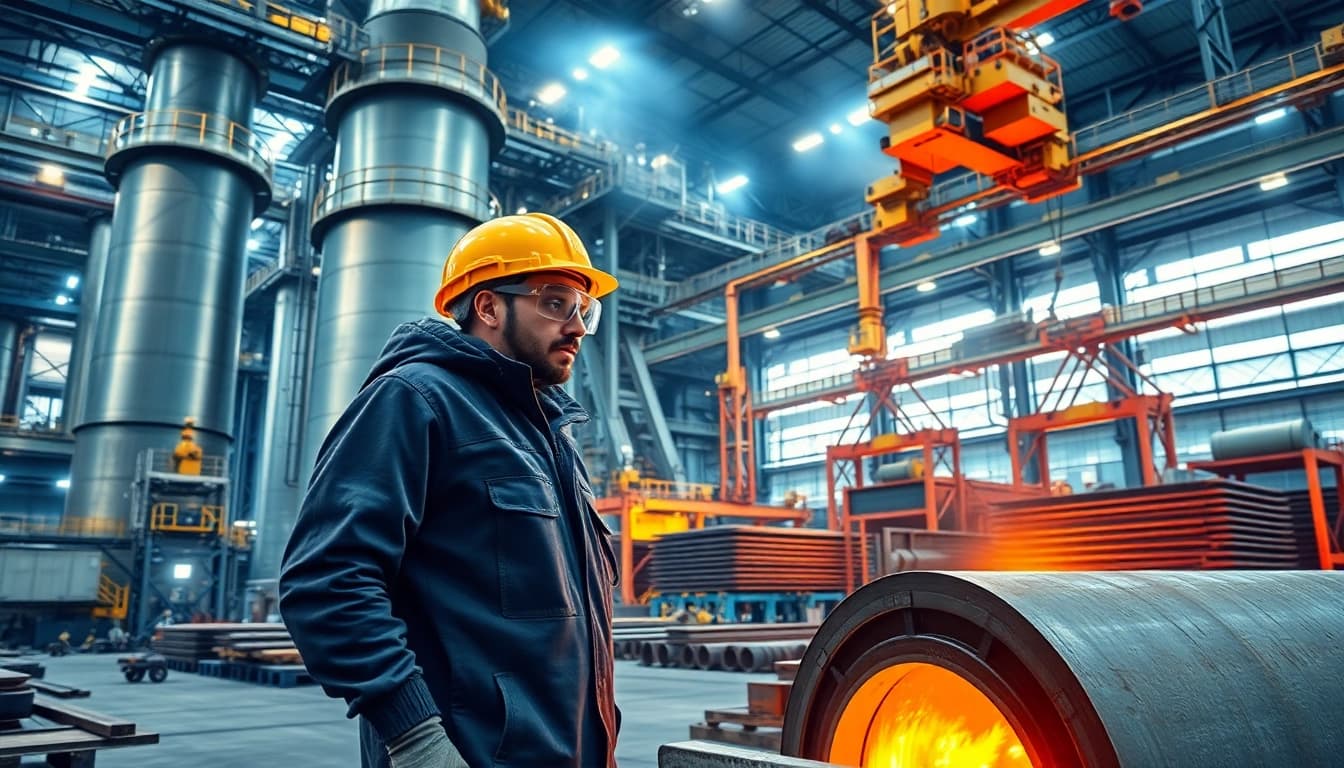 Inspecting molten steel at a modern steel mill showcasing advanced industrial technology.