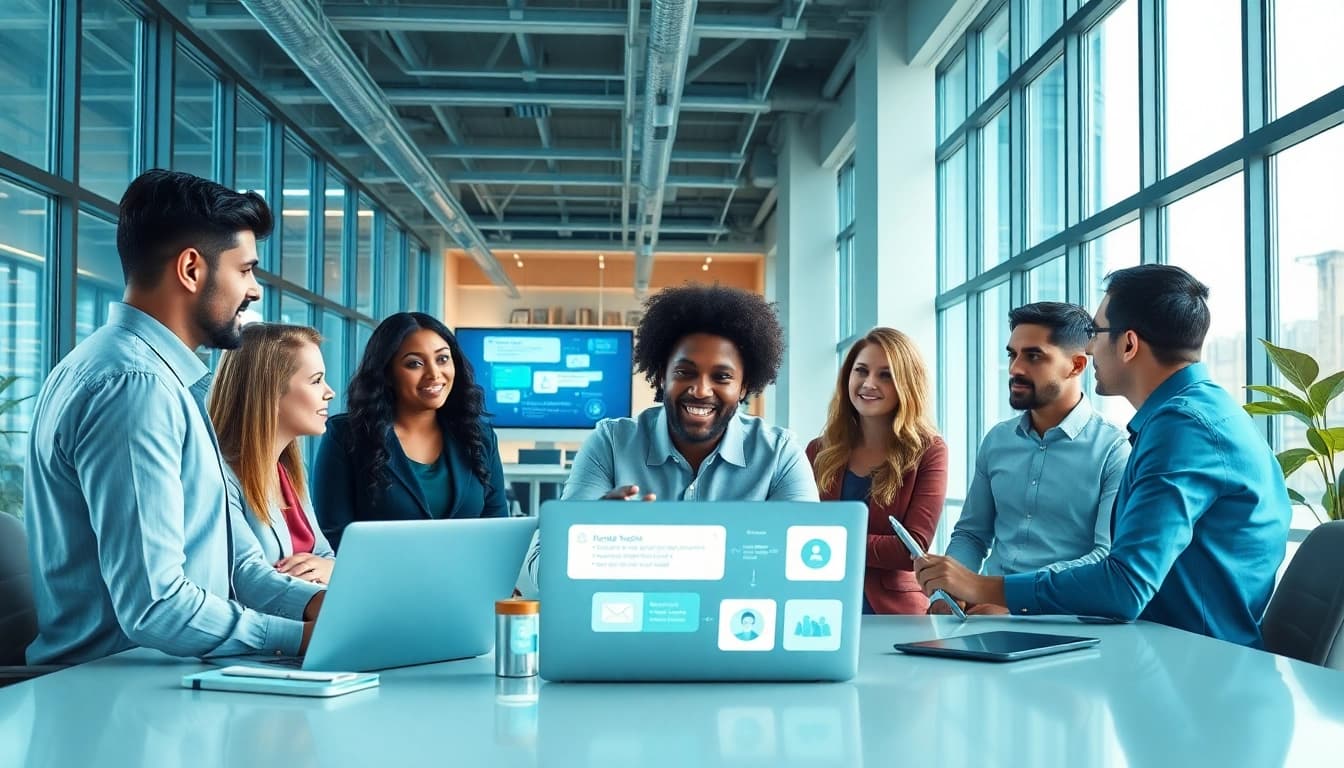 Showcasing team collaboration using enterprise assistant software in a bright office.