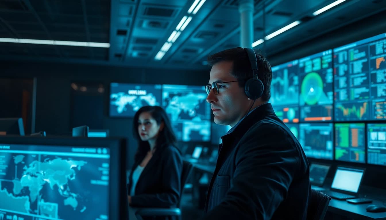 Understanding National Security Risk through professionals analyzing data in a high-tech command center.