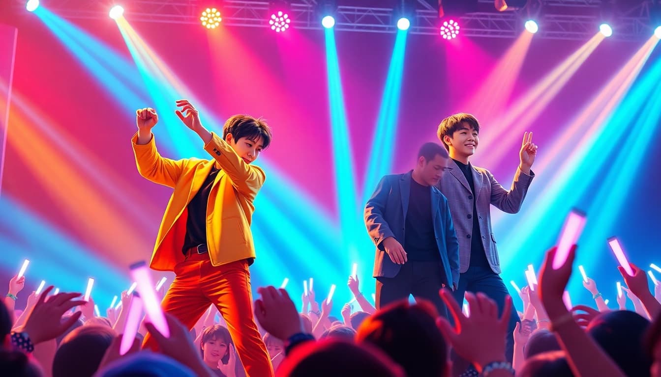 BTS news features Jungkook performing live on stage, highlighted by vibrant stage lights and a lively crowd.