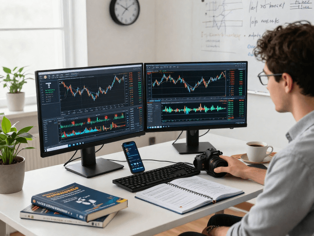 Trader actively using metatrader 5 on multiple screens in a modern workstation filled with trading tools and market analysis.