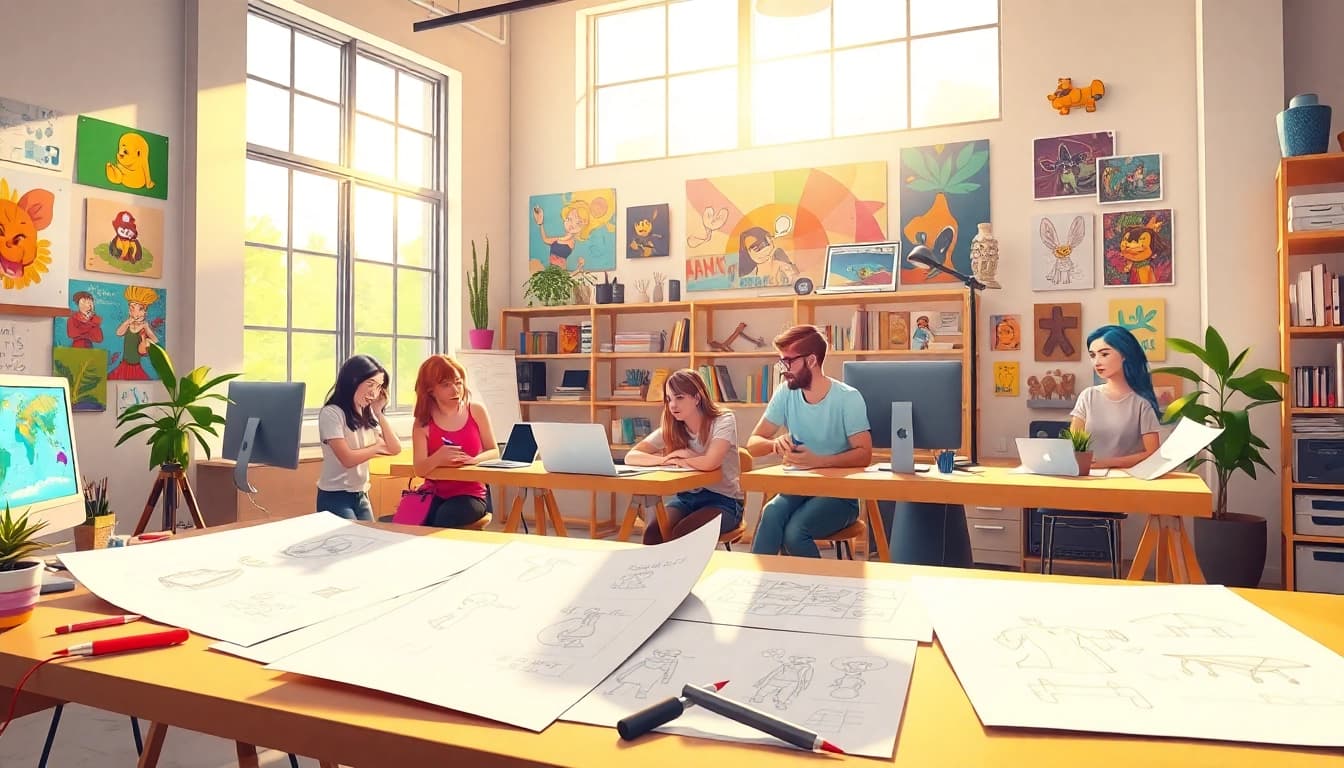 Animationagentur bei der kreativen Zusammenarbeit in einem lebendigen Animationsstudio.
