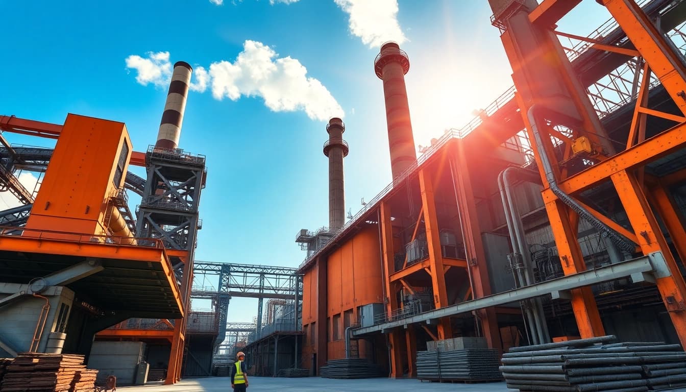 Modern steel mill showcasing towering structures and advanced machinery in industrial setting.