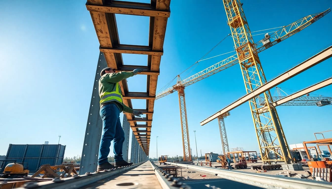 Observe structural steel installation with workers in action at a busy construction site.