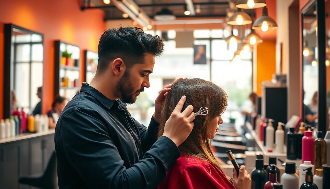Coafat Craiova: hairstylist creating a stunning hairstyle in a modern salon atmosphere.