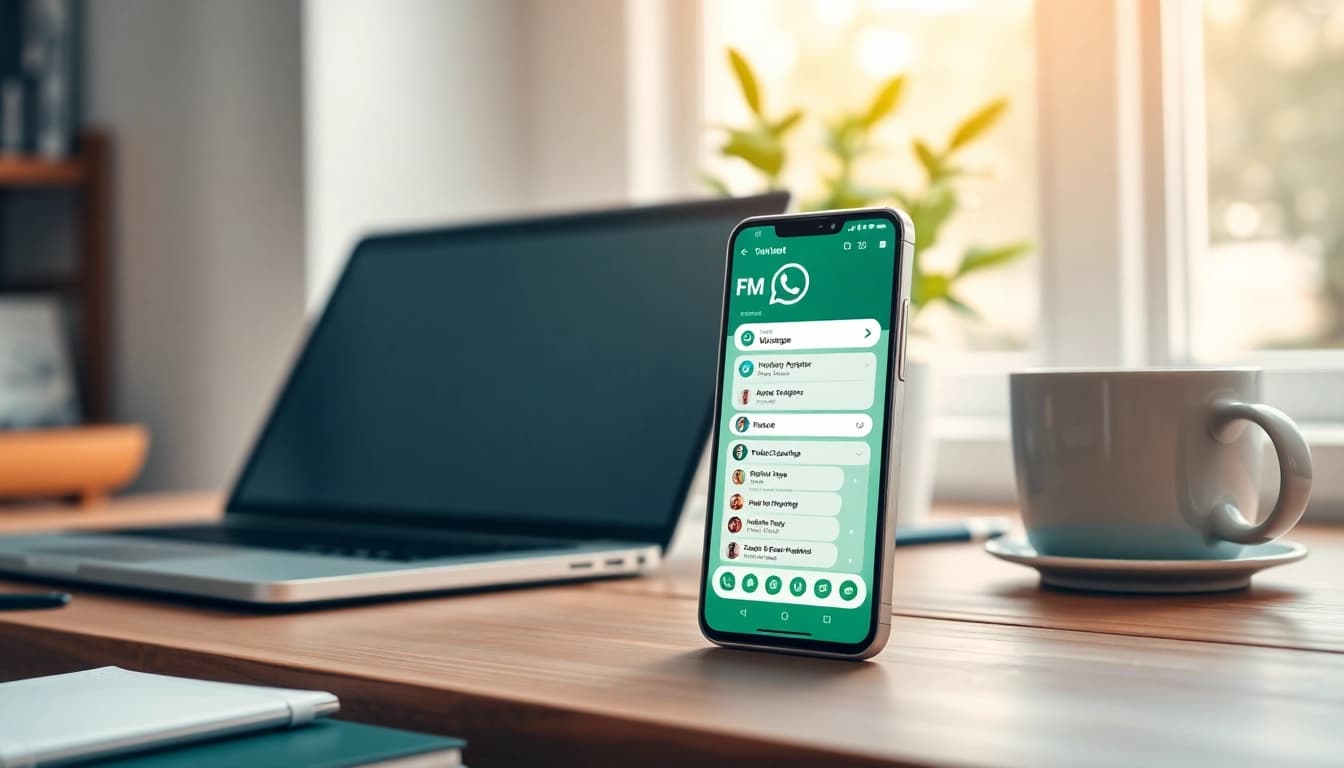 FM WhatsApp app showcased on a smartphone in a cozy workspace setting with a natural light ambiance.