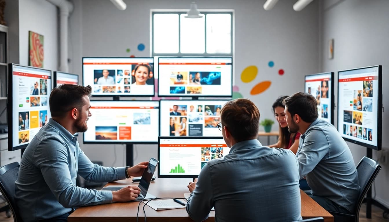 Web design company team collaborate on innovative projects with vibrant designs.