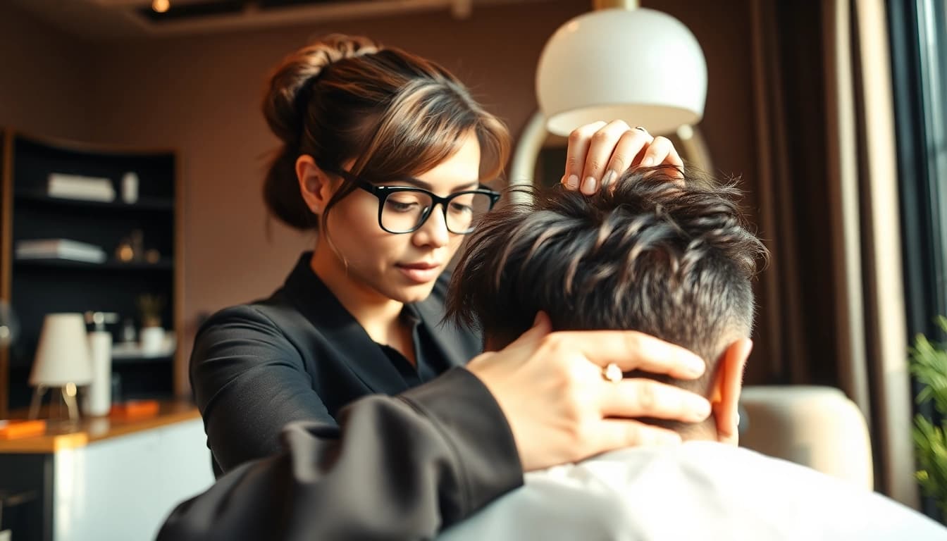 Ace of Fades 212 hair replacement specialist applying a custom hair system in a modern studio.