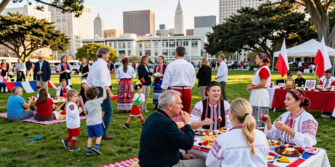 Community gathering of Polish residents in San Francisco at https://www.sfpol.com/ celebrating cultural heritage and traditions.