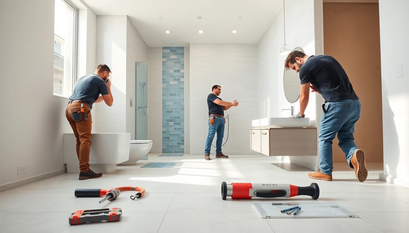 Bathroom installers demonstrating precision in a modern renovation project.