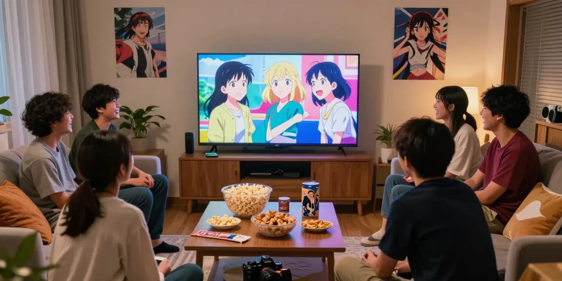 Seperangkat teman menikmati animeplay di ruang tamu yang nyaman dan terang.
