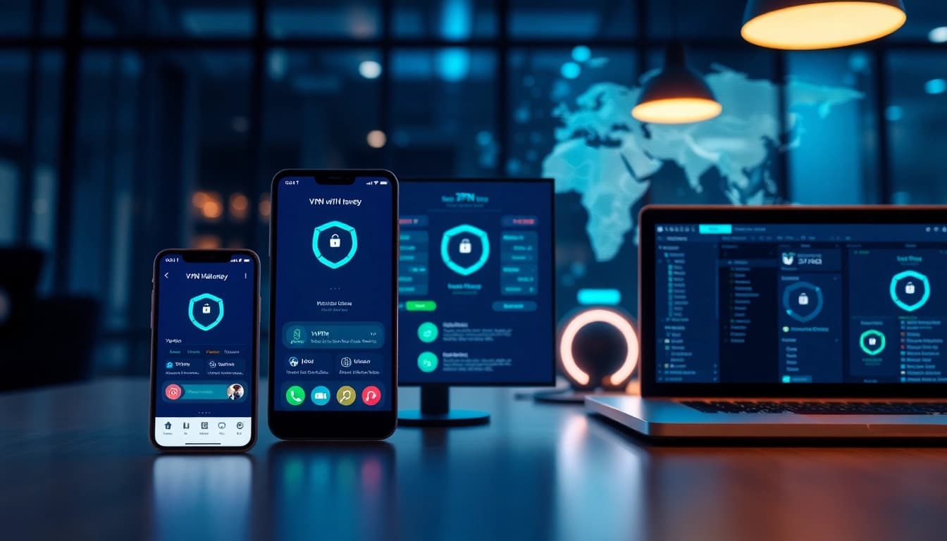 在多台设备上显示的快连 VPN 应用界面，展示无缝连接与网络安全。