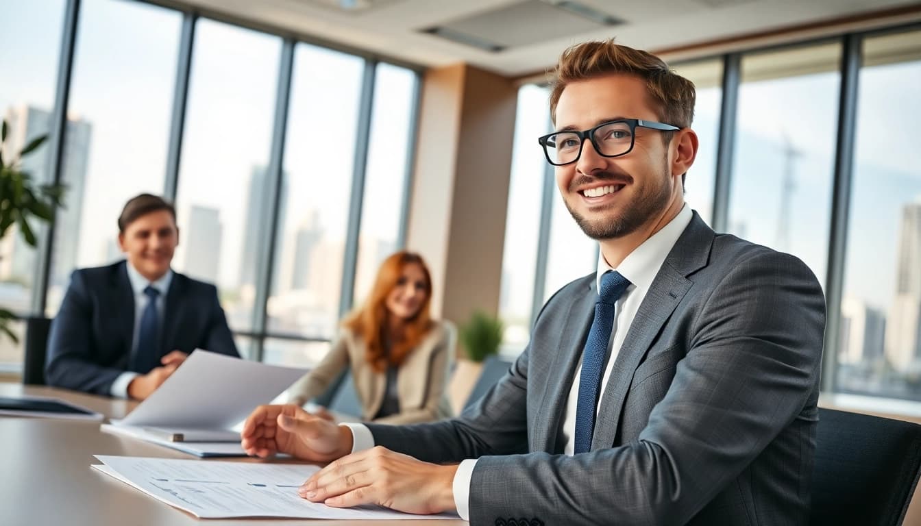 Real estate lawyer consulting clients in a modern office, showcasing professionalism and trust.