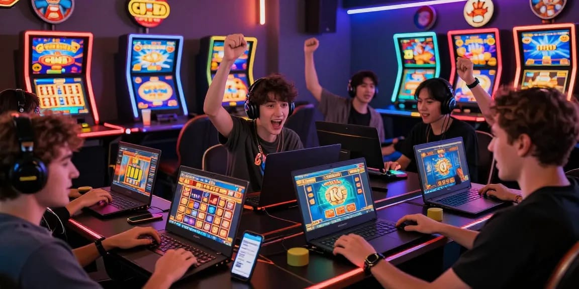 Players enjoying thrilling slot games on a vibrant online platform, capturing the excitement of slot depo 5k.