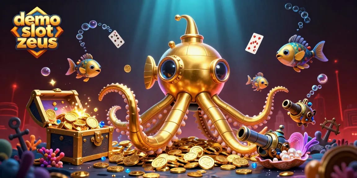 Experience demo slot zeus adventure with golden kraken and treasures in this vibrant casino scene.