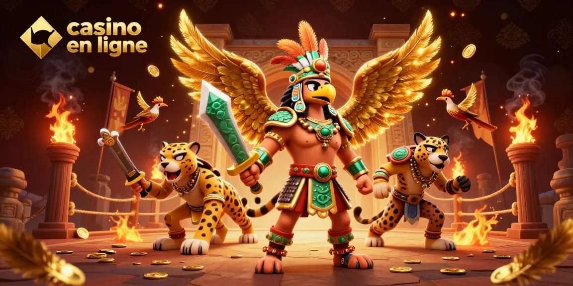 Incarnez l'expérience de jeu de casino en ligne avec des guerriers aztèques dans une illustration dynamique.