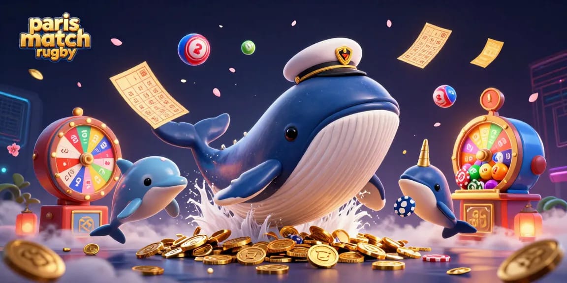 Placer des paris match rugby sur une scène animée de jeux, avec des éléments comme des billets et des ballons colorés.