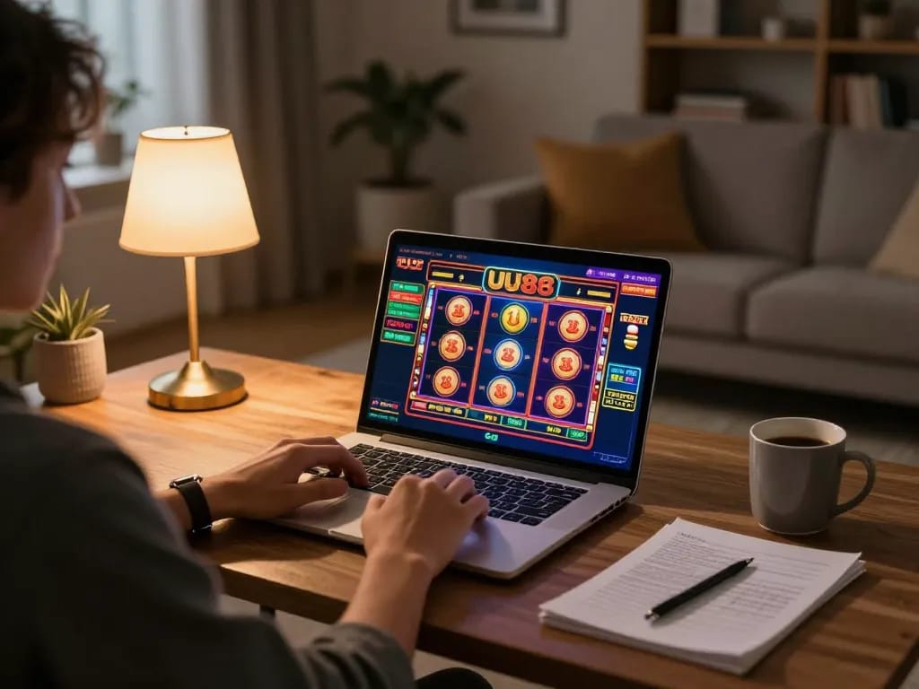 Engaging gameplay on UU88's online casino platform through a laptop in a cozy home setting.