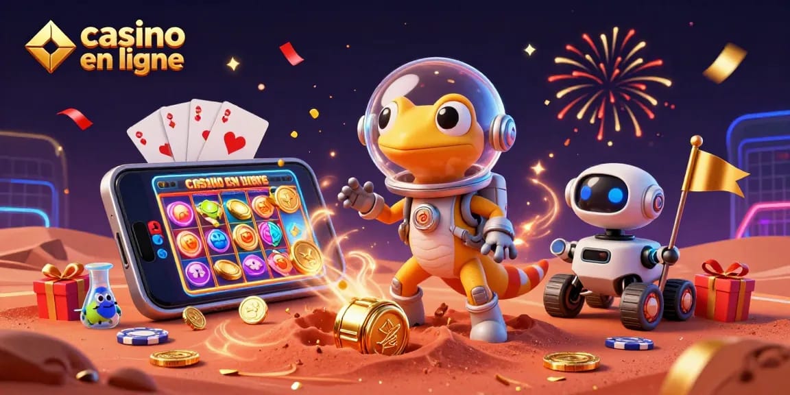 Profitez du casino en ligne avec un geco martien et un rover robot, créant une ambiance festive.