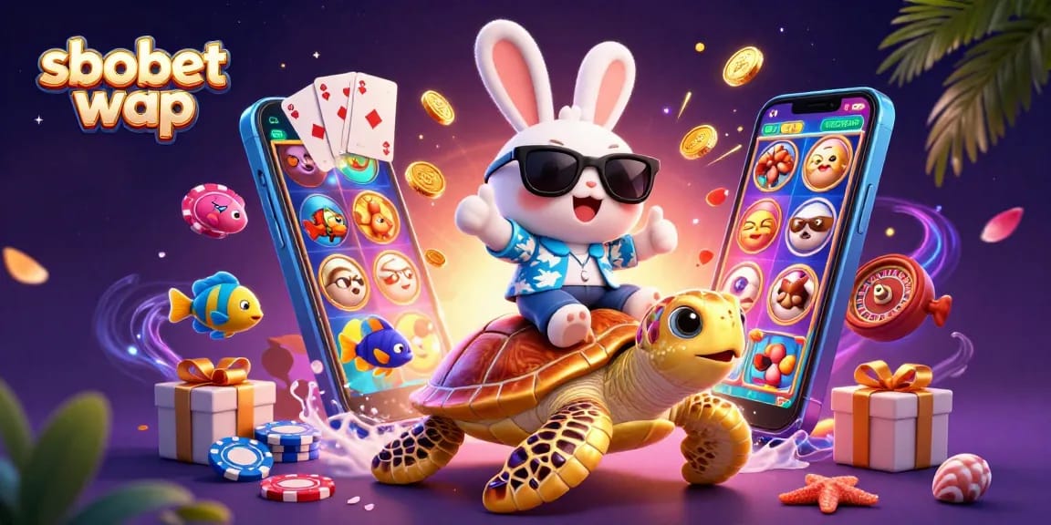 Place bets with sbobet wap while enjoying vibrant gaming elements in an animated illustration.