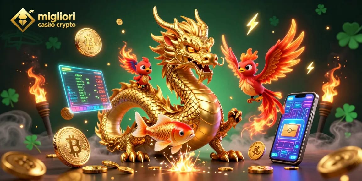 Scopri i migliori casino crypto con un drago d'oro e monete virtuali scintillanti.