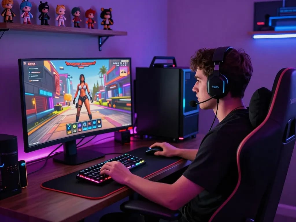 Engaging in AI porn games on a modern gaming setup with immersive lighting.