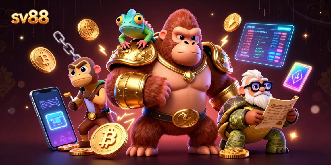 Engage with sv88, featuring a vibrant scene of a gorilla king and companions in a thrilling casino adventure.