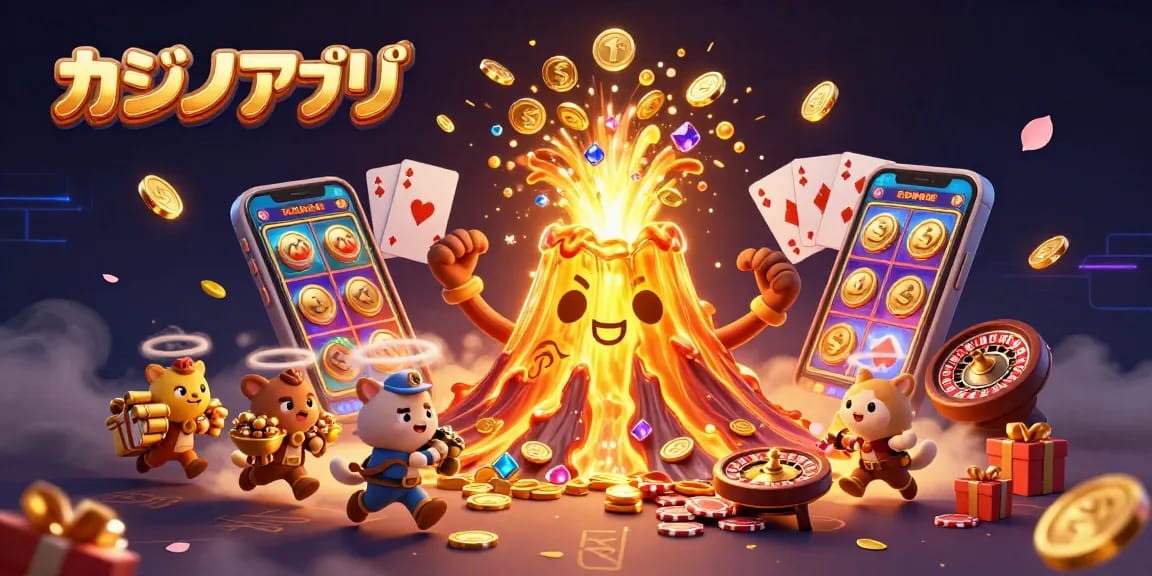 カジノアプリをテーマにした、宝物を持つ動物たちと噴火する金色の火山の魅力的なデジタルイラスト