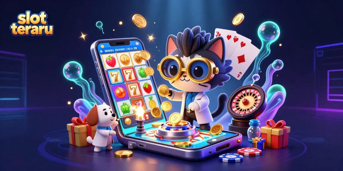 Experience thrilling slot terbaru gameplay with a cartoon scientist and dog amid golden coins and vibrant game elements.