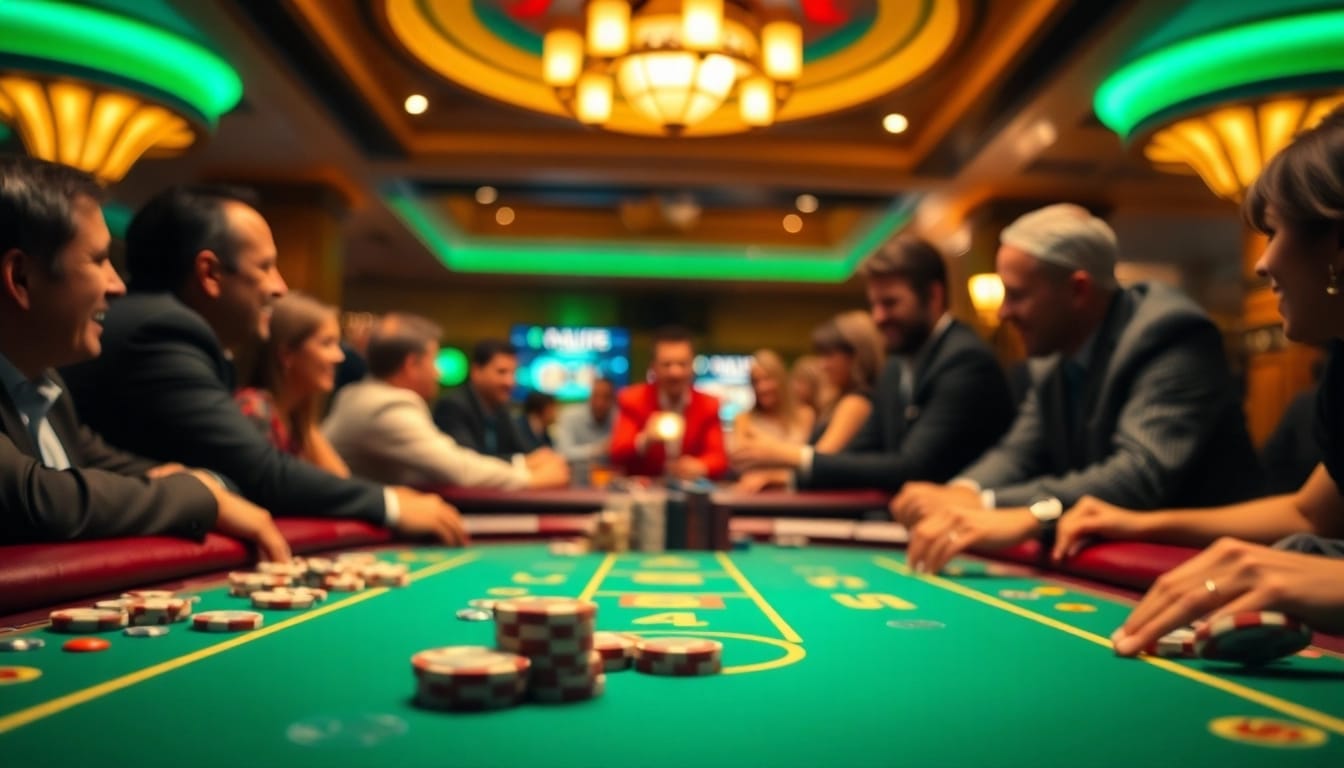 Hargatoto menyediakan suasana kasino yang energik dengan pemain poker di meja permainan.