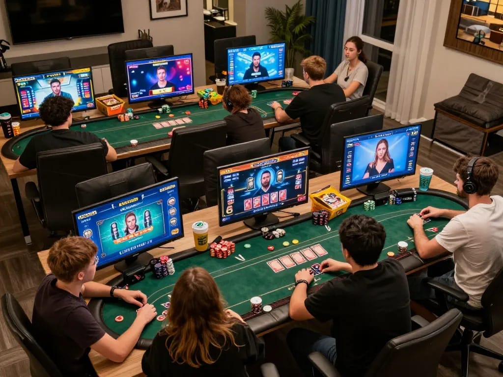 Players engaging in LOTO188 online poker, showcasing thrilling gameplay at home with strategic moves and vivid displays