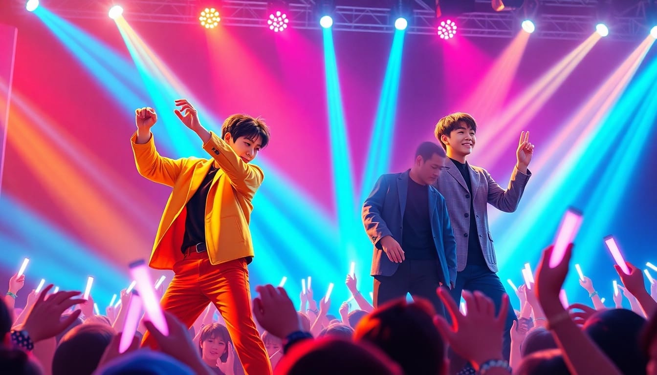 BTS news features Jungkook performing live on stage, highlighted by vibrant stage lights and a lively crowd.