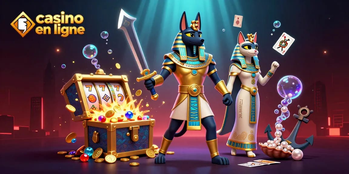 Le casino en ligne avec Anubis et Bastet entourés de trésors et de machines à sous dynamiques.