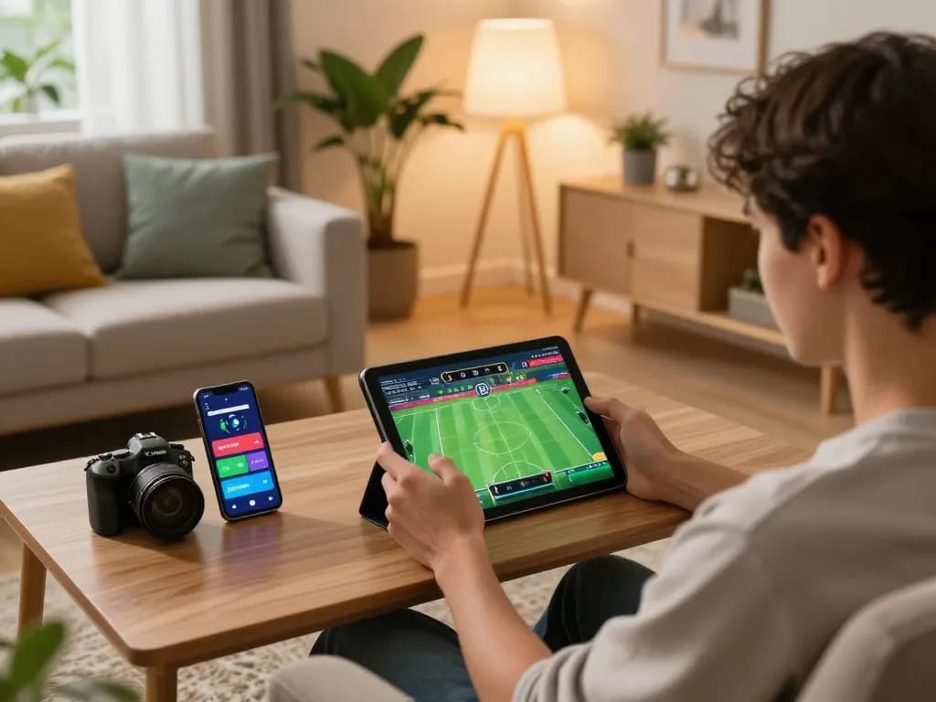 Person using tablet for online betting at Nhà cái 789bet in a cozy living room atmosphere.
