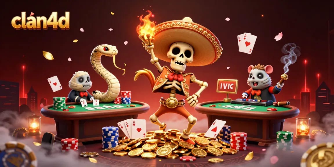 Engage in the casino excitement with clan4d as a skeleton musician celebrates among poker elements.