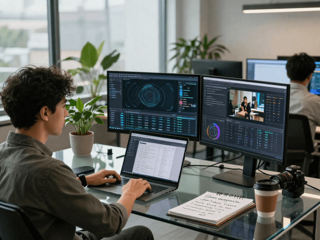 AI detector in action at a modern tech workspace analyzing images for content moderation.