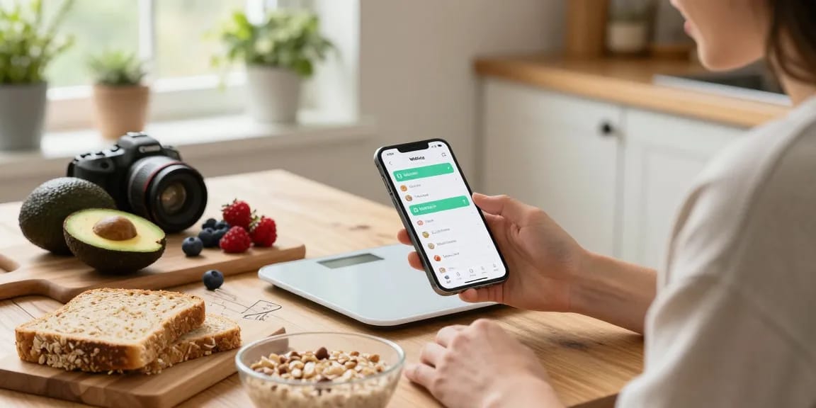 Logging breakfast with the best calorie tracker in a cozy kitchen.