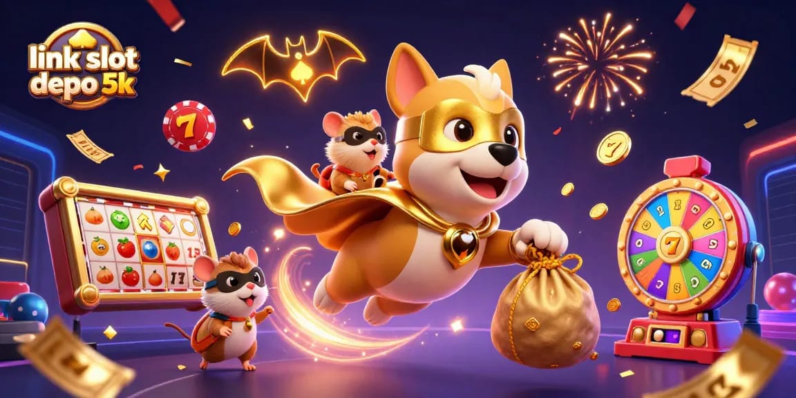 Engage with thrilling link slot depo 5k action as a superhero dog flies with coins and gaming elements.