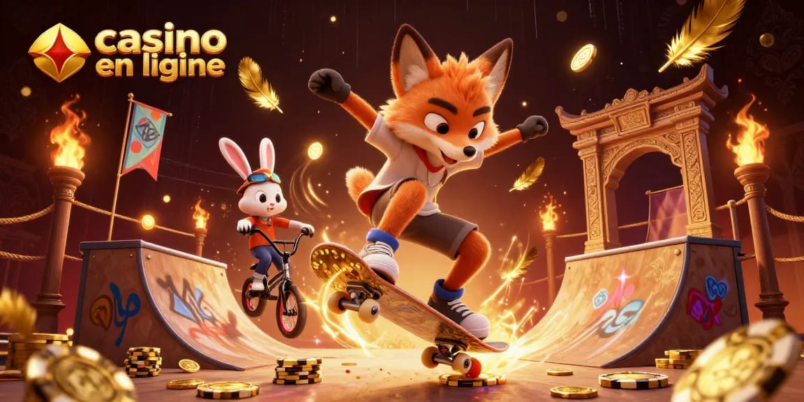 Illustration dynamique représentant un casino en ligne avec un renard skateboard et un lapin BMX, remplie d'éléments colorés.