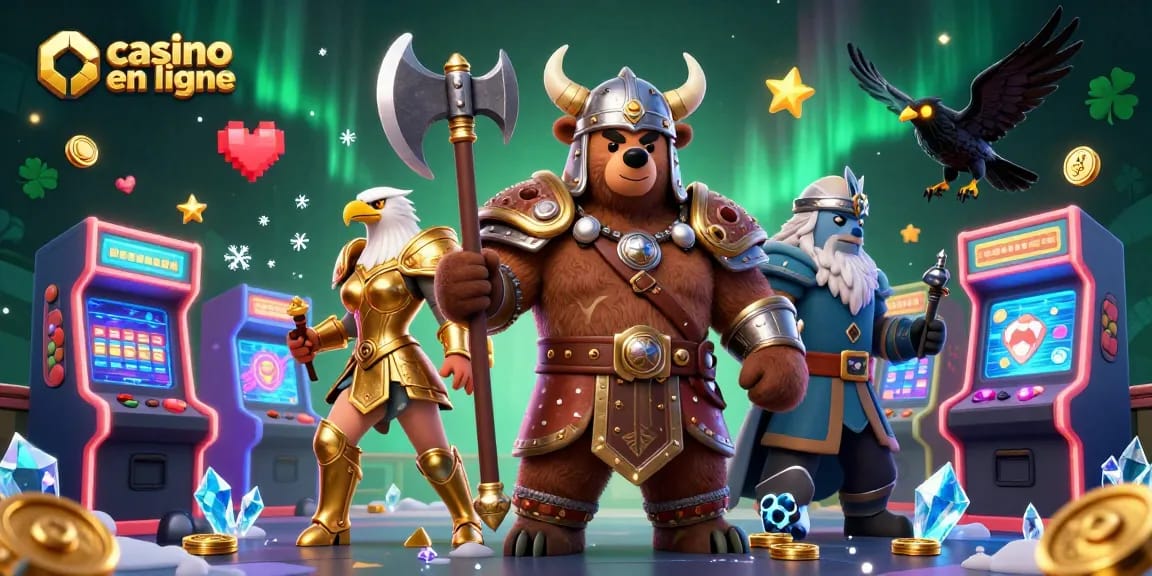 Visualiser une scène dynamique de casino en ligne avec un ours viking et une aigle valkyrie, entourés de jeux d'arcade colorés.