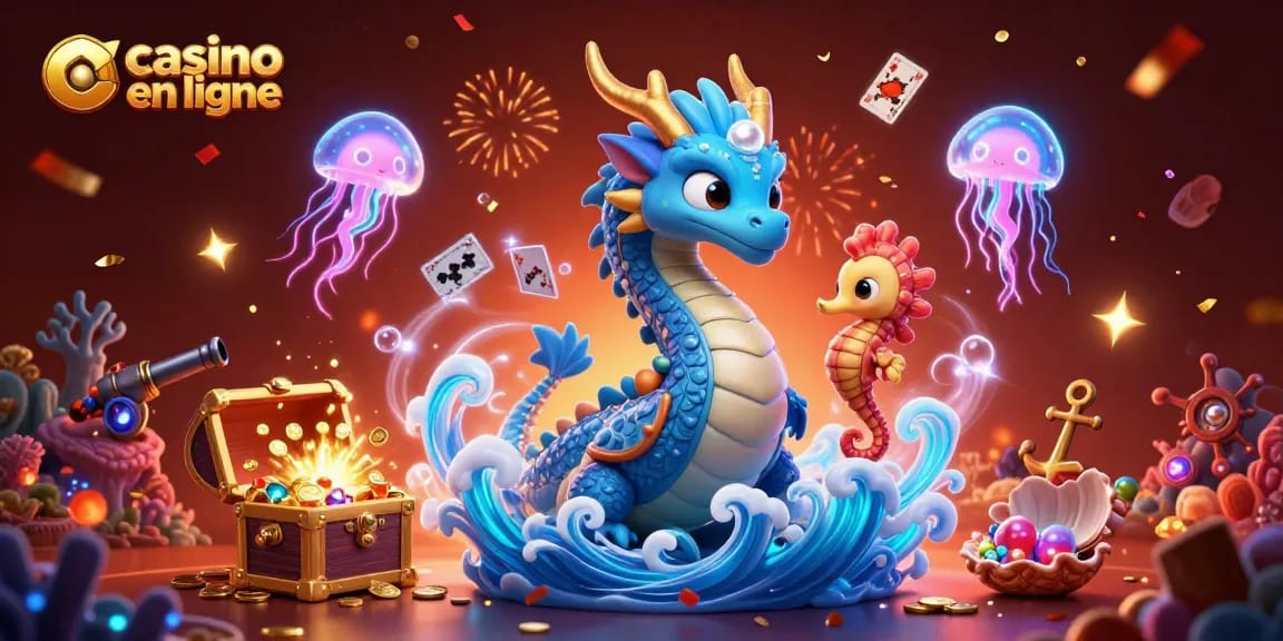 Visuel dynamique sur le thème de casino en ligne avec dragon et trésor sous-marin.