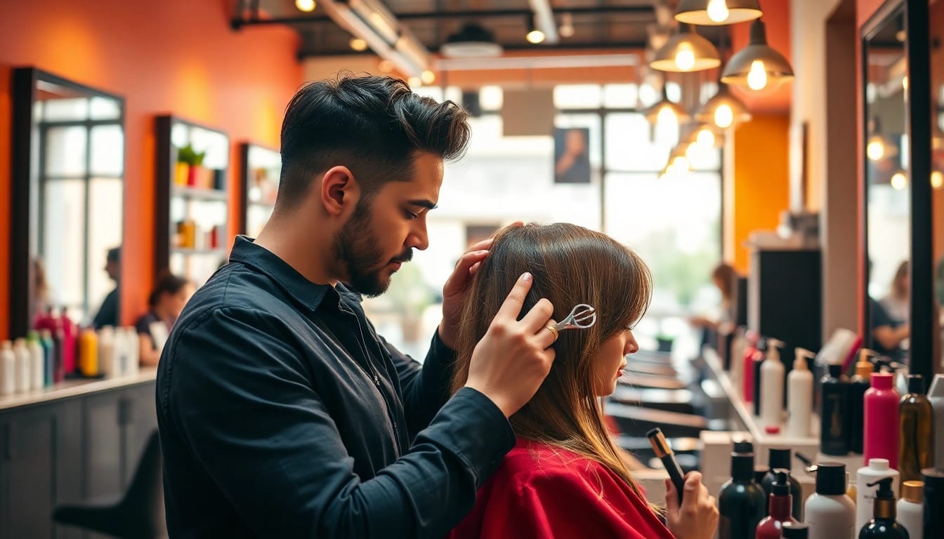 Coafat Craiova: hairstylist creating a stunning hairstyle in a modern salon atmosphere.