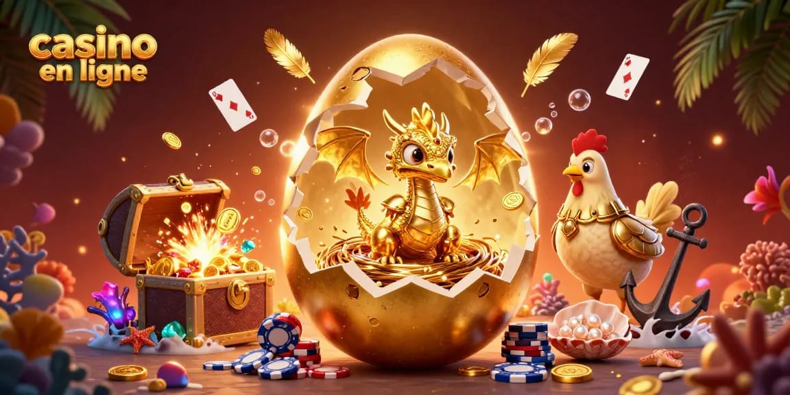 Illustrez votre expérience de jeu avec un dragon doré et des jetons au casino en ligne.