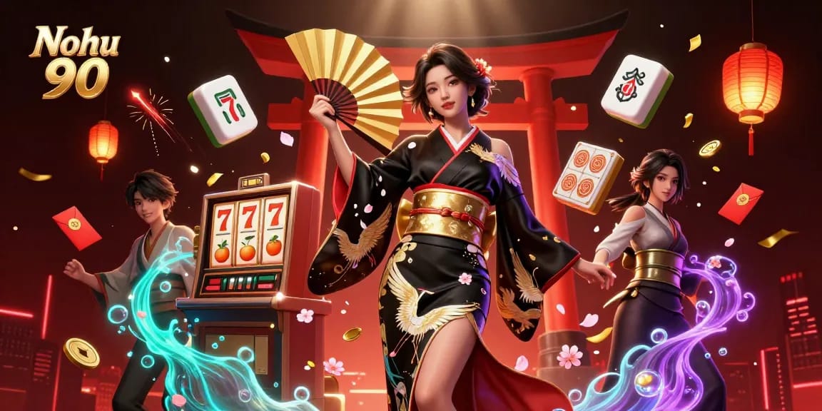 Nohu 90 captivates with a stunning slot-themed illustration of gaming elements and a graceful Asian woman.