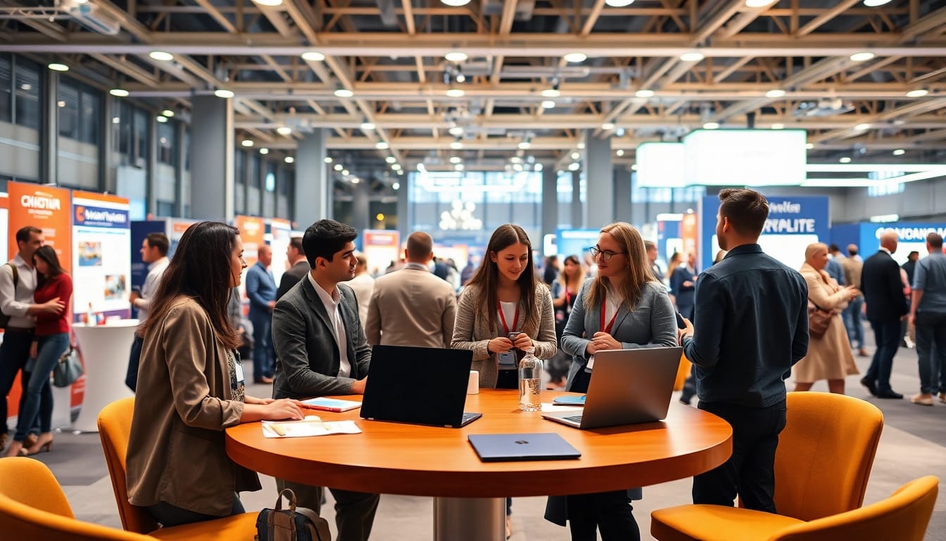 Professionals engaging in construction networking events at a modern conference, fostering collaboration.