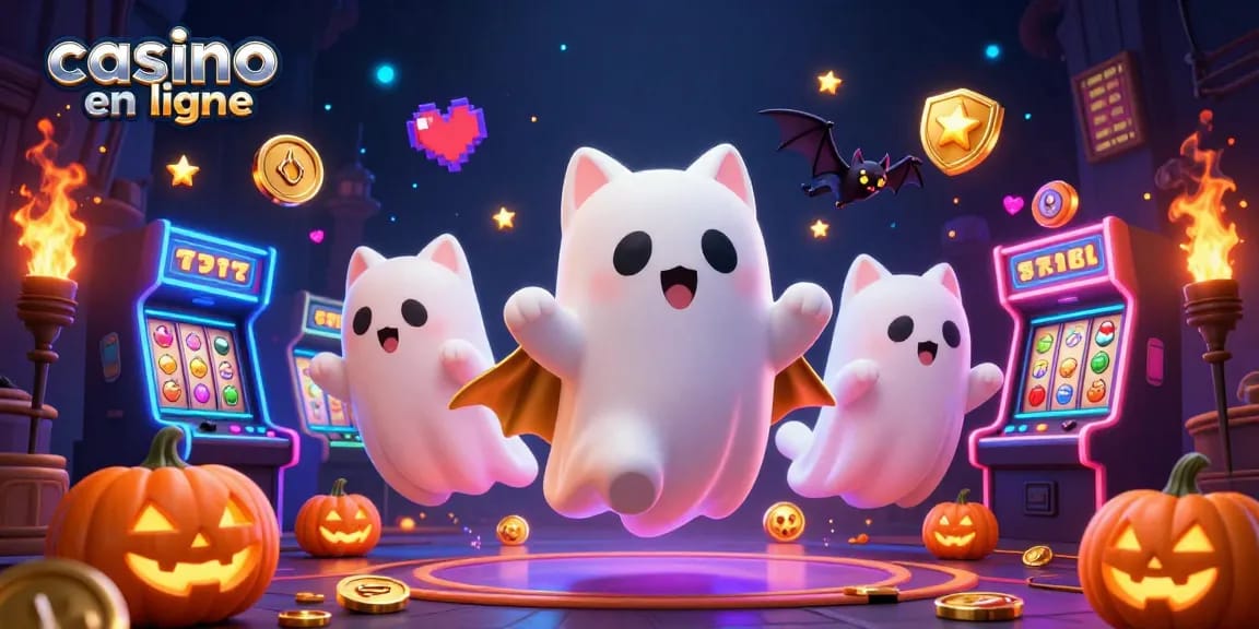 Casino en ligne : un chat fantôme et une chauve-souris s'amusent dans un casino avec des éléments de jeu.